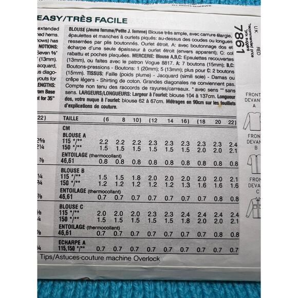 Vogue Pattern 7861 blouse Hidden buttons tie neck size 6 8 10 - Picture 5 of 6